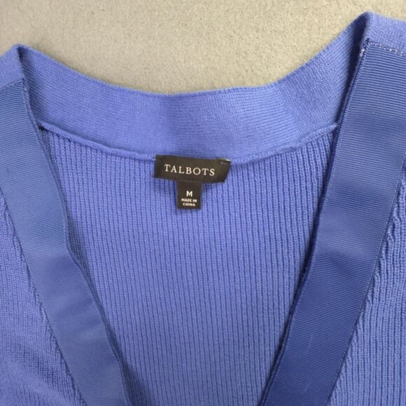 Talbots Cardigan Sweater Womens Medium Blue V-Neck Button Front Satin Trim Knit - Picture 3 of 13